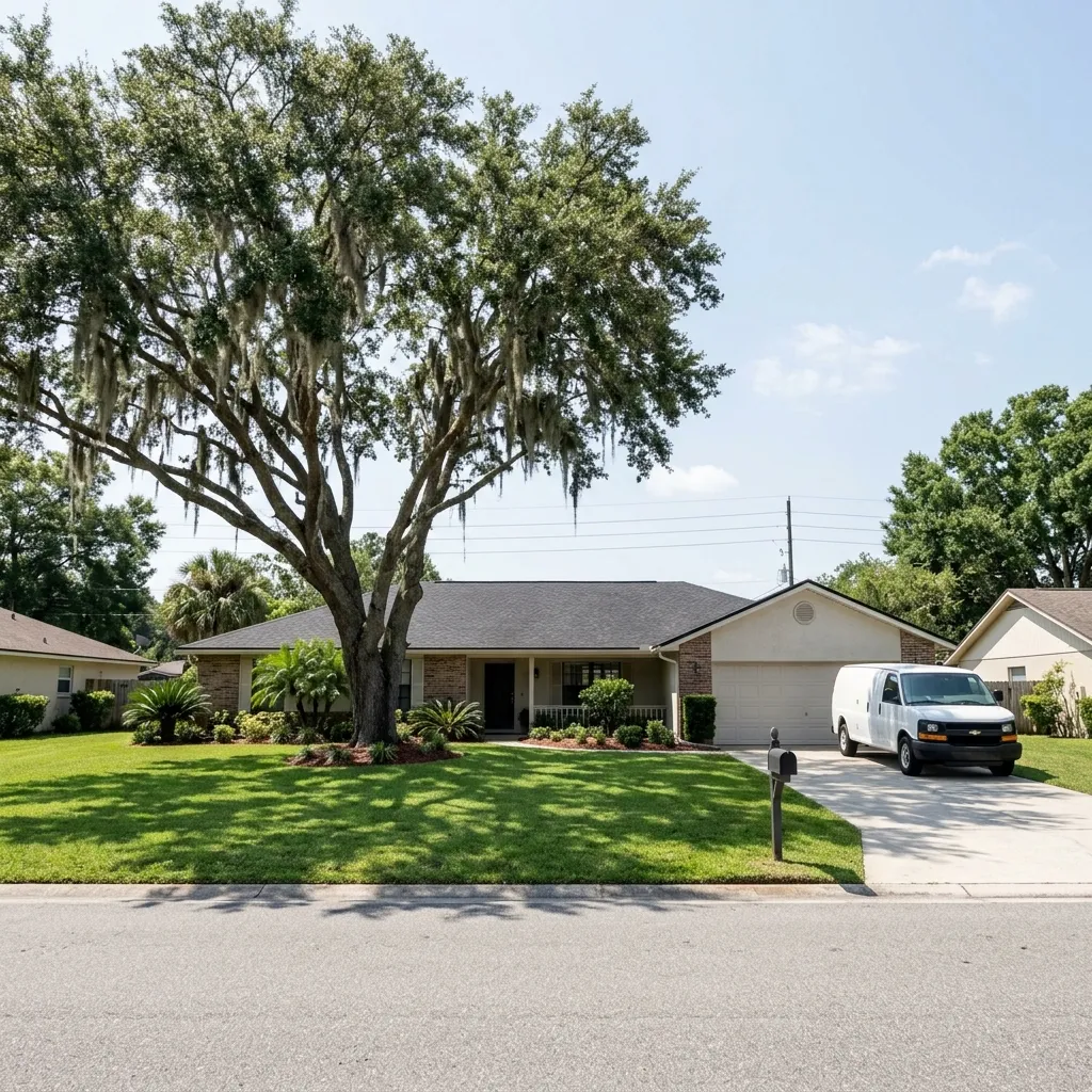 PestShieldPro technician inspecting a home exterior in Orange Park, Florida