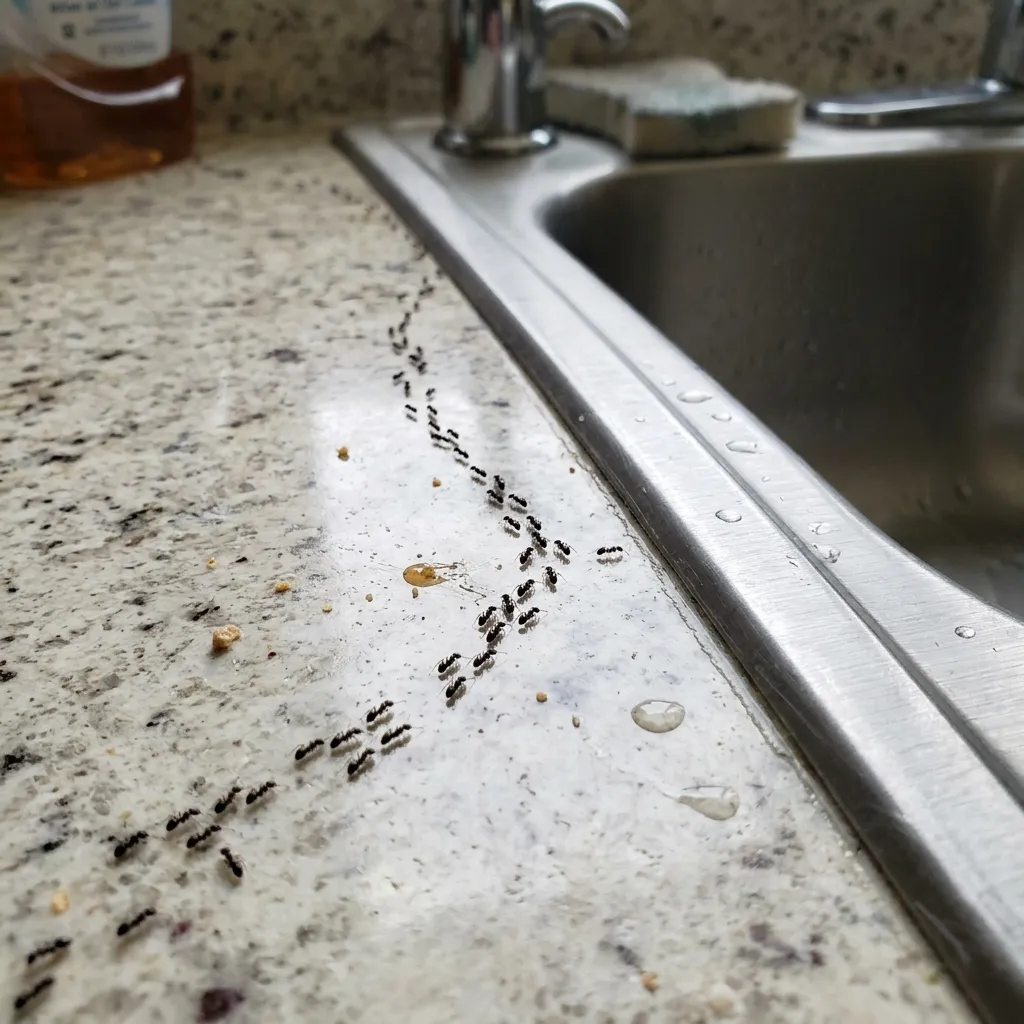 Photo 2 for Ant Control: Ant trail on a kitchen counter, shown as an example of the work