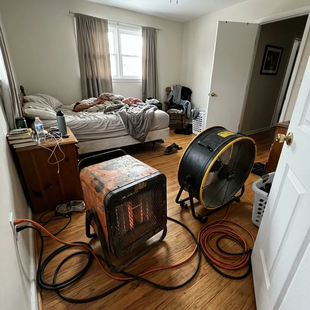Photo 2 for Bed Bug Treatment: Portable heater set up for heat treatment, shown as an example of the work