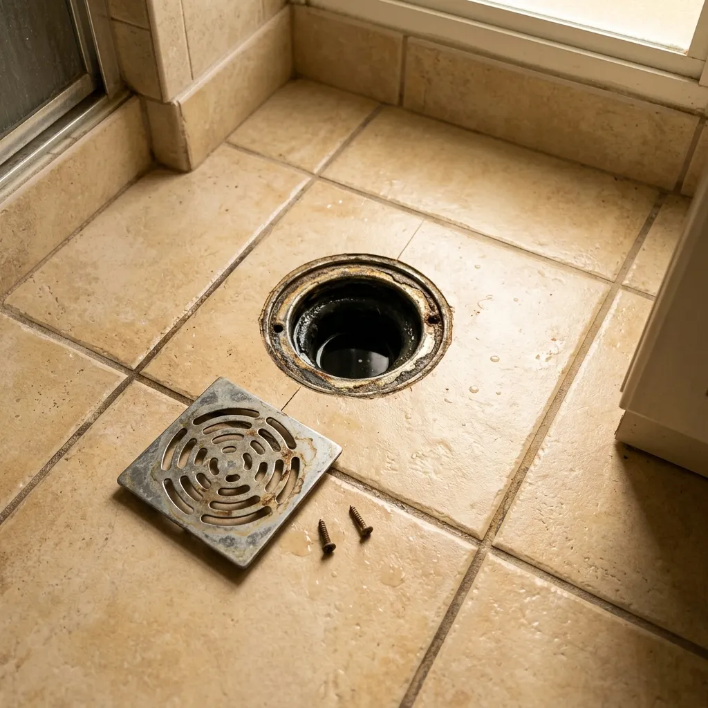 Photo 2 for Cockroach Extermination: Floor drain checked for roach entry, shown as an example of the work
