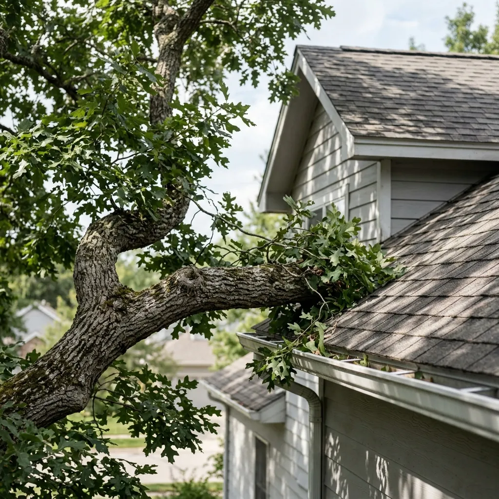 Photo 3 for Rodent Control: Oak branches that reach the roofline, shown as an example of the work
